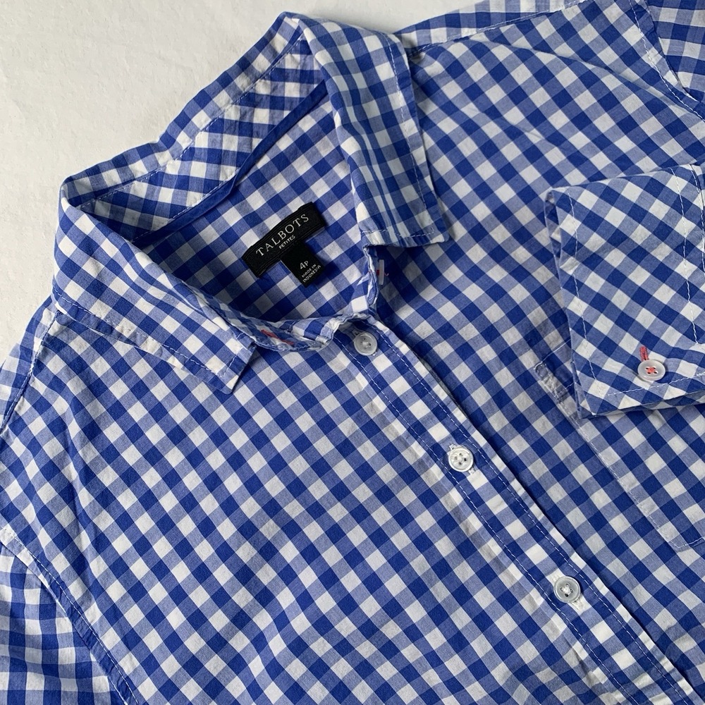 Talbots Women's Size 4p Blue White Gingham Button Down Shirt Academia Preppy